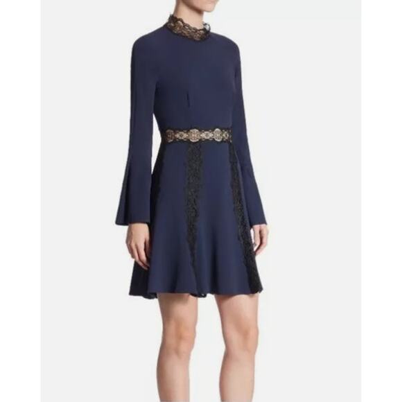 Jonathan Simkhai Blue Dress Black Lace Trim 4 Swing Party Flare Bell Sleeve NWT - Picture 2 of 16